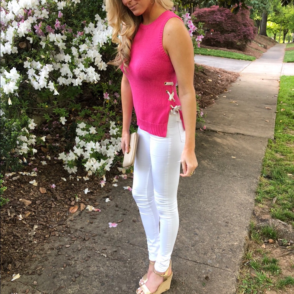 Pink sleeveless knit top w/ lace up side accent